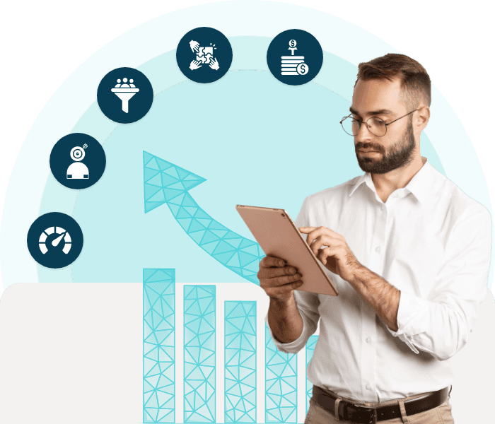 Businessman Using A Tablet With Data Icons And An Upward Arrow Graph, Symbolizing Enterprise Growth.