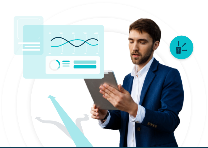 Businessman Analyzing Data On A Tablet With Growth Charts And Analytics