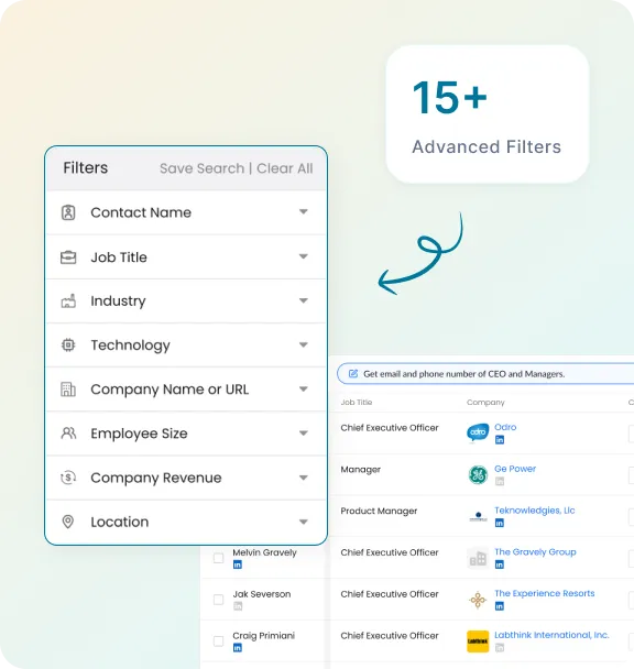 Reachstream Platform Showing 15+ Advanced Filters Including Job Title, Industry, Company Revenue, And Location For Targeted Contact Search